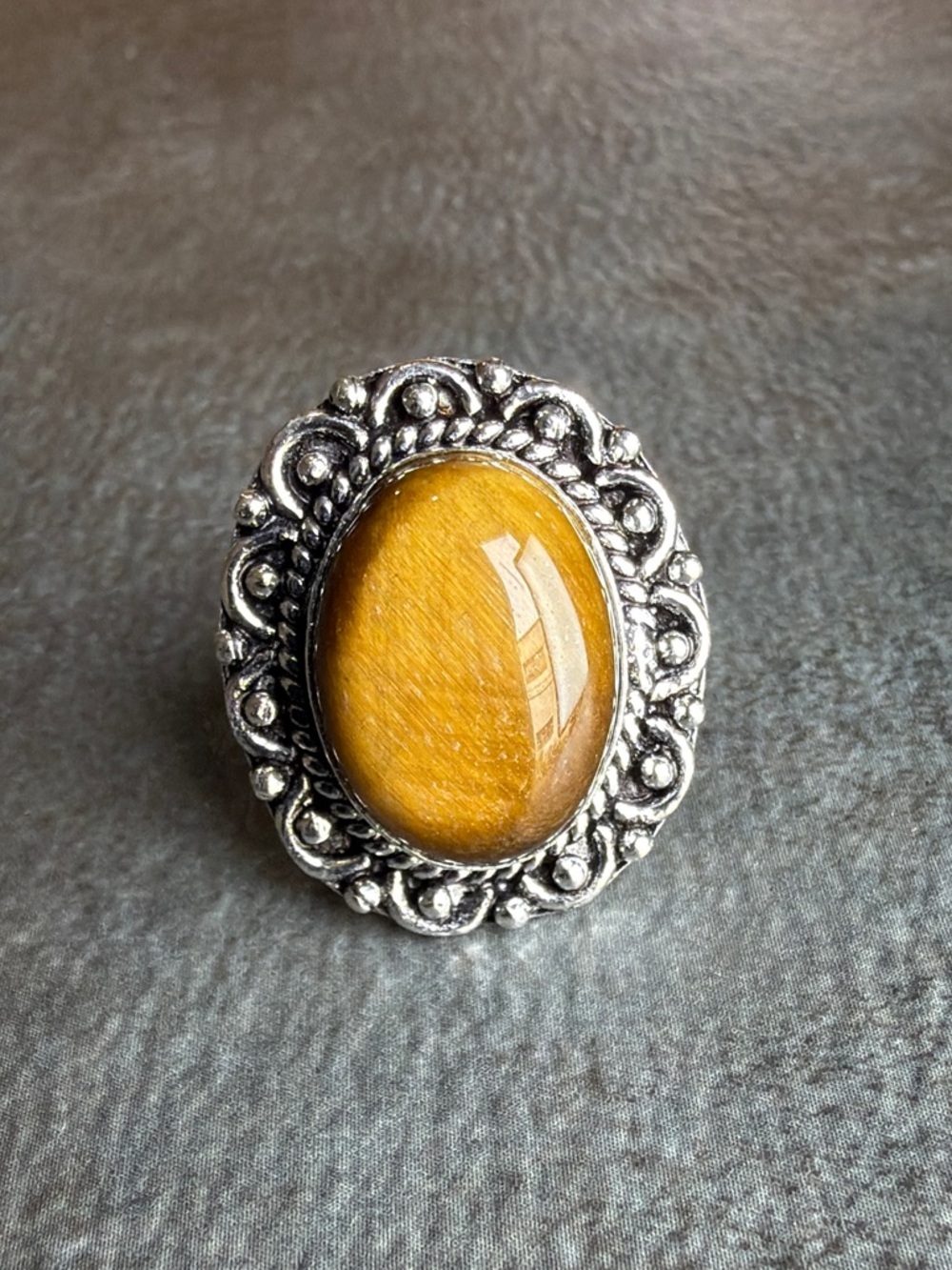 Vintage Style Silver 925 Overlay Ring Size 5 Tigers Eye Gemstone Women Jewelry